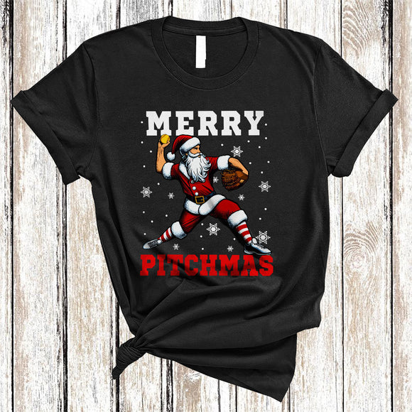 MacnyStore - Merry Pitchmas, Sarcastic Christmas Santa Playing Softball, Pitcher Player Sport Team X-mas T-Shirt