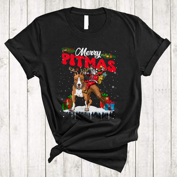 MacnyStore - Merry Pitmas, Humorous Christmas Lights Santa Riding Pit Bull Reindeer, X-mas Animal Lover T-Shirt