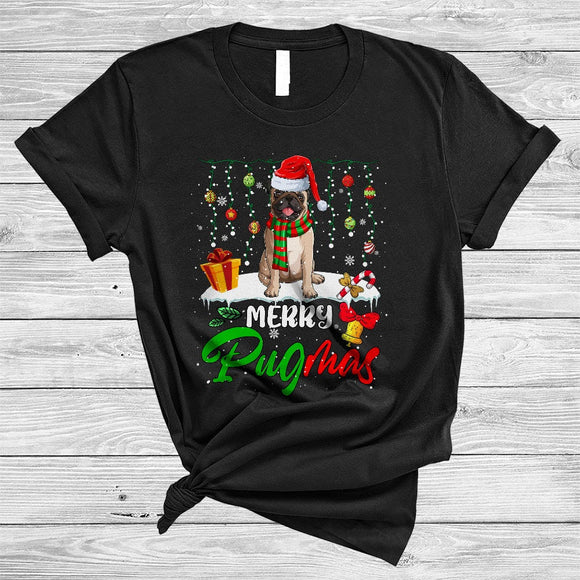 MacnyStore - Merry Pugmas, Colorful Christmas Santa Pug, X-mas Lights Snow Family Group T-Shirt
