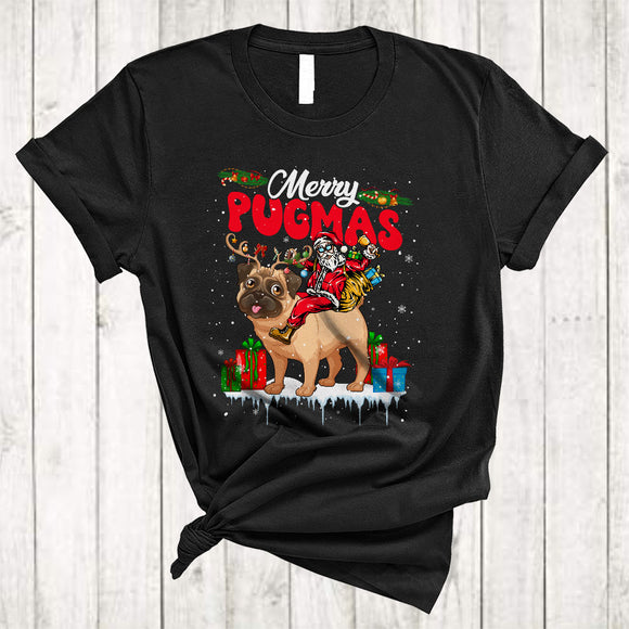 MacnyStore - Merry Pugmas, Humorous Christmas Lights Santa Riding Pug Reindeer, X-mas Animal Lover T-Shirt