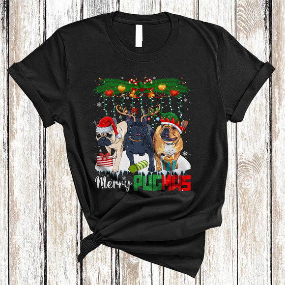 MacnyStore - Merry Pugmas, Wonderful Christmas Three Santa Elf Reindeer Pug Lover, X-mas Snow Around T-Shirt