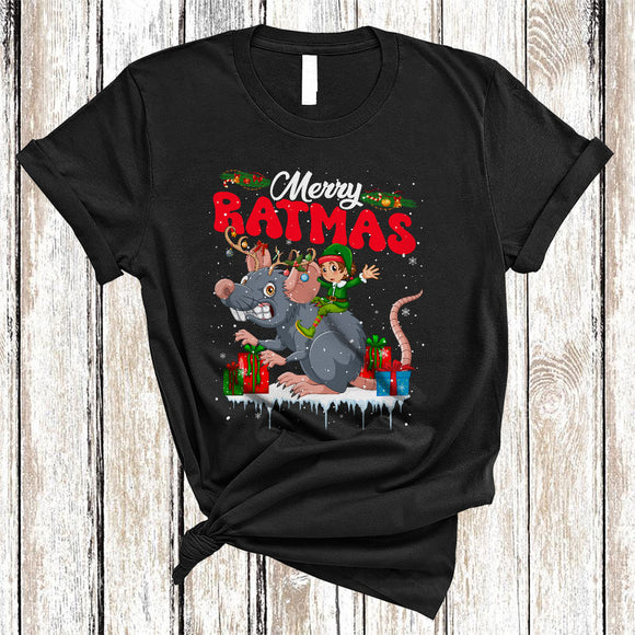 MacnyStore - Merry Ratmas, Lovely Cheerful Christmas Lights ELF Riding Rat Animal Lover, X-mas Family Group T-Shirt