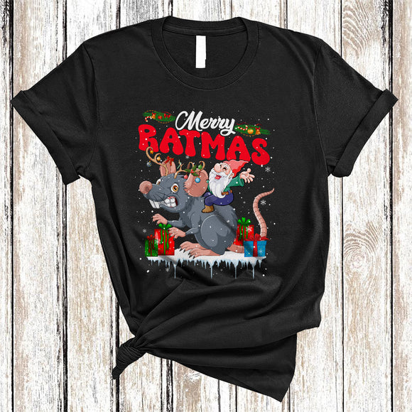 MacnyStore - Merry Ratmas, Lovely Cheerful Christmas Lights Santa Riding Gnome Animal Lover, X-mas Family Group T-Shirt