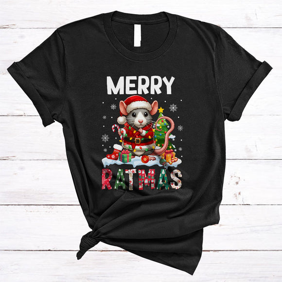 MacnyStore - Merry Ratmas, Wonderful Cute Christmas Santa Rat Animal Lover, X-mas Tree Snow Around T-Shirt