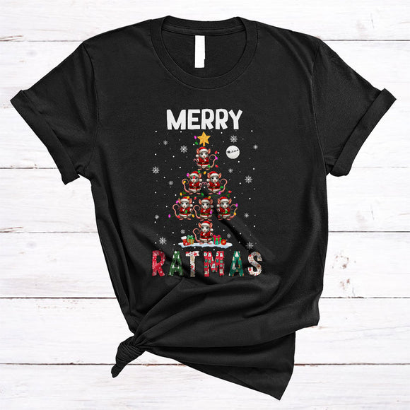 MacnyStore - Merry Ratmas, Wonderful Cute Christmas Tree Santa Rat Animal Lover, X-mas Snow Around T-Shirt