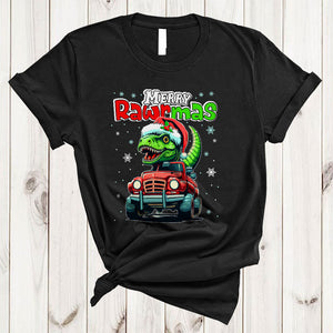 MacnyStore - Merry Rawrmas Colorful Cool Christmas Snow Santa T-Rex Dinosaur Driving Monster Truck Xmas T-Shirt