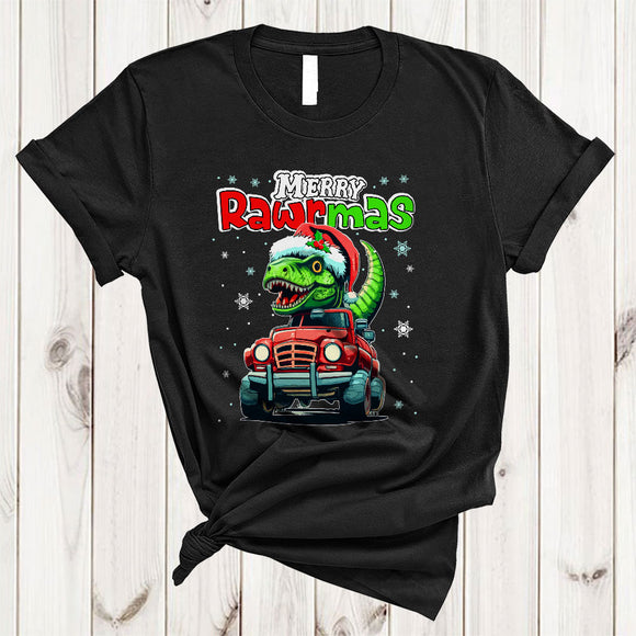 MacnyStore - Merry Rawrmas Colorful Cool Christmas Snow Santa T-Rex Dinosaur Driving Monster Truck Xmas T-Shirt