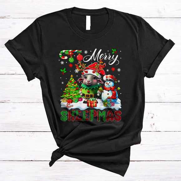 MacnyStore - Merry Sheepmas, Colorful Plaid X-mas Tree Snowman, Christmas Animal Santa Sheep Farmer Lover T-Shirt