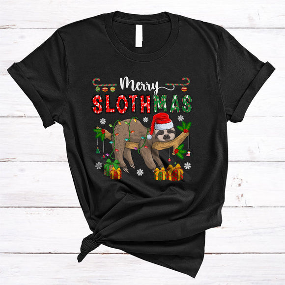 MacnyStore - Merry Slothmas, Lovely Christmas Lights Hanging Sloth, Matching X-mas Santa Sloth Lover T-Shirt