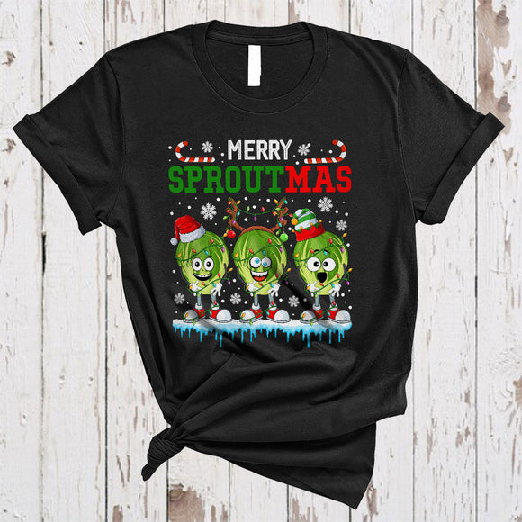 MacnyStore - Merry Sproutmas, Joyful Christmas Three Santa ELF Reindeer Brussel Sprouts, X-mas Vegan T-Shirt