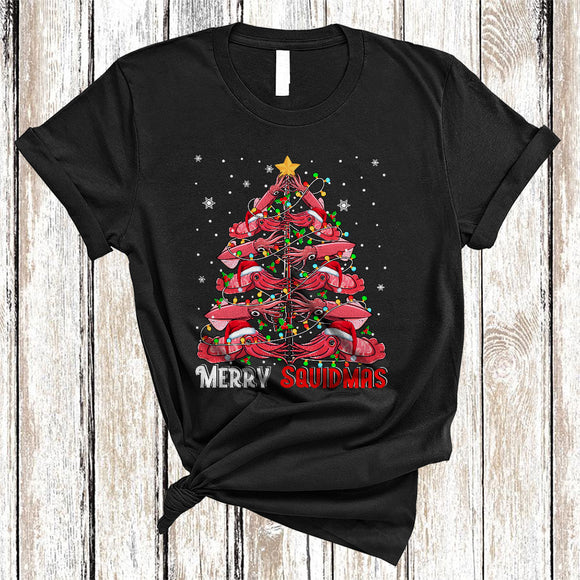 MacnyStore - Merry Squidmas, Cheerful Santa Squid Christmas Tree, Animal Lover Matching X-mas Lights T-Shirt