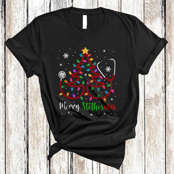 MacnyStore - Merry Stethosmas, Colorful Christmas Lights X-mas Tree Stethoscope, Matching Nurse Nursing T-Shirt
