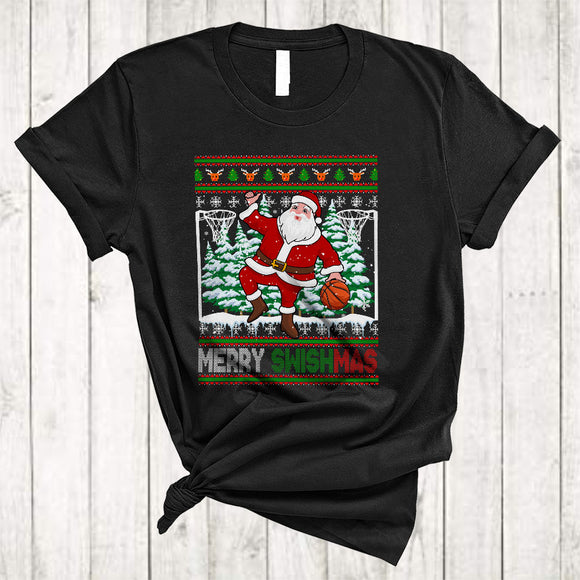 MacnyStore - Merry Swishmas, Joyful Cool Christmas Santa Playing Basketball, X-mas Sweater Sport Player T-Shirt