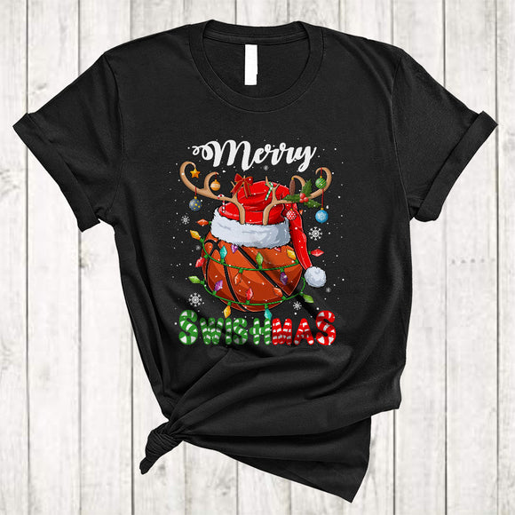 MacnyStore - Merry Swishmas, Joyful Cool Christmas Santa Reindeer Basketball, X-mas Lights Snow Sport T-Shirt