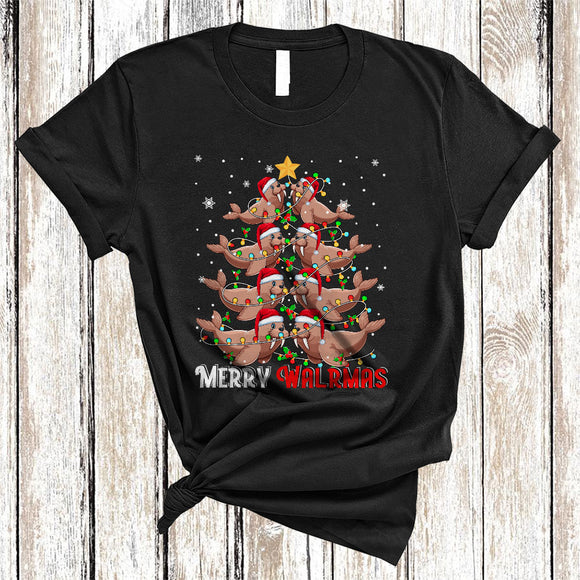 MacnyStore - Merry Walrmas, Cheerful Santa Walrus Christmas Tree, Animal Lover Matching X-mas Lights T-Shirt