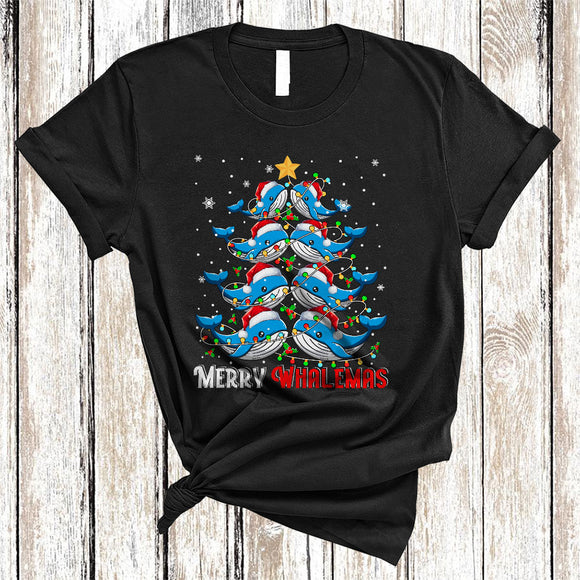 MacnyStore - Merry Whalemas, Cheerful Santa Whale Christmas Tree, Animal Lover Matching X-mas Lights T-Shirt