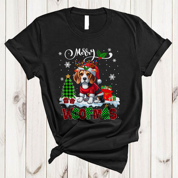 MacnyStore - Merry Woofmas, Cheerful Plaid Christmas Santa Reindeer Beagle Lover, X-mas Lights Tree T-Shirt
