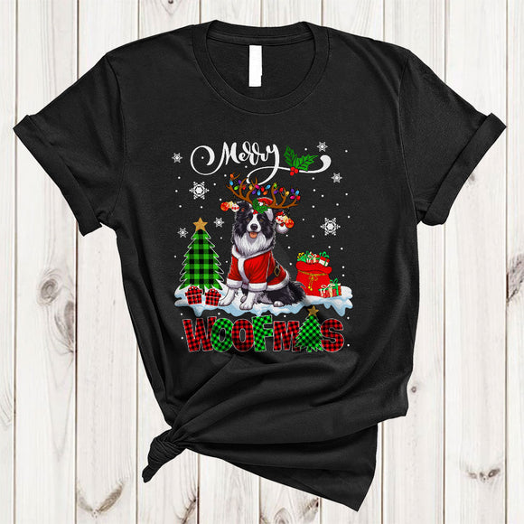 MacnyStore - Merry Woofmas, Cheerful Plaid Christmas Santa Reindeer Border Collie Lover, X-mas Lights Tree T-Shirt