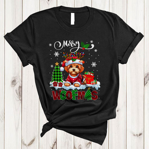 MacnyStore - Merry Woofmas, Cheerful Plaid Christmas Santa Reindeer Cockapoo Lover, X-mas Lights Tree T-Shirt