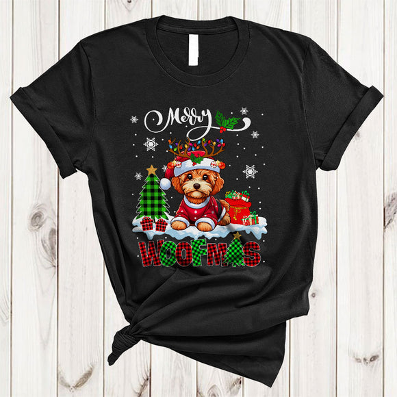 MacnyStore - Merry Woofmas, Cheerful Plaid Christmas Santa Reindeer Cockapoo Lover, X-mas Lights Tree T-Shirt