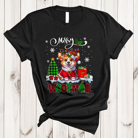 MacnyStore - Merry Woofmas, Cheerful Plaid Christmas Santa Reindeer Corgi Lover, X-mas Lights Tree T-Shirt