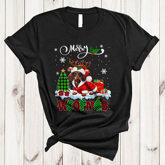 MacnyStore - Merry Woofmas, Cheerful Plaid Christmas Santa Reindeer Dachshund Lover, X-mas Lights Tree T-Shirt
