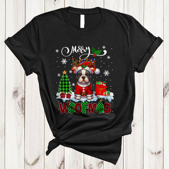 MacnyStore - Merry Woofmas, Cheerful Plaid Christmas Santa Reindeer French Bulldog, X-mas Lights Tree T-Shirt