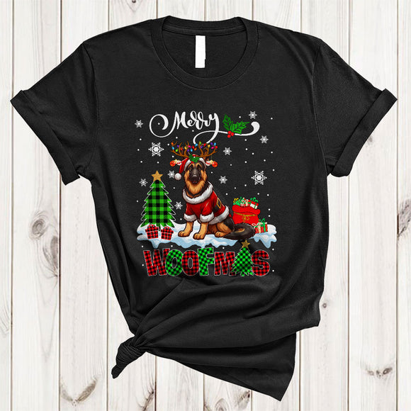 MacnyStore - Merry Woofmas, Cheerful Plaid Christmas Santa Reindeer German Shepherd, X-mas Lights Tree T-Shirt