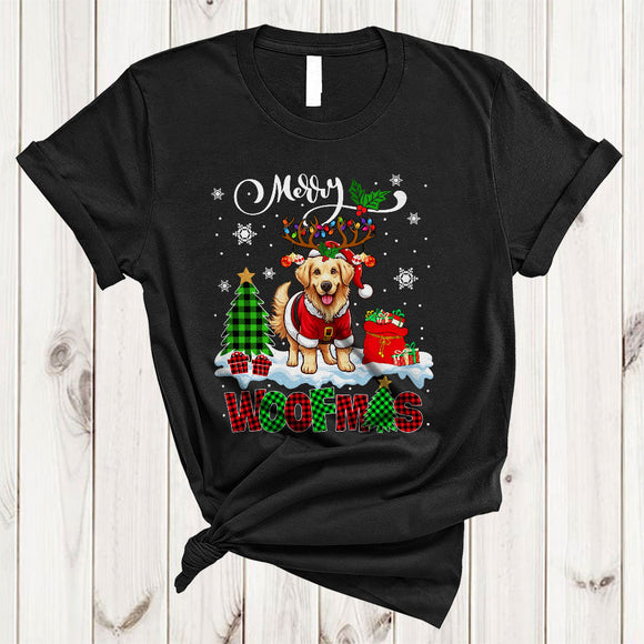 MacnyStore - Merry Woofmas, Cheerful Plaid Christmas Santa Reindeer Golden Retriever, X-mas Lights Tree T-Shirt