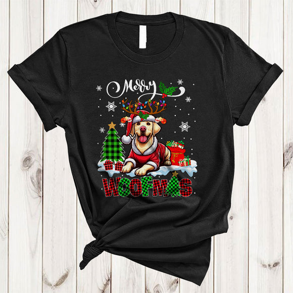 MacnyStore - Merry Woofmas, Cheerful Plaid Christmas Santa Reindeer Labrador Retriever, X-mas Lights Tree T-Shirt