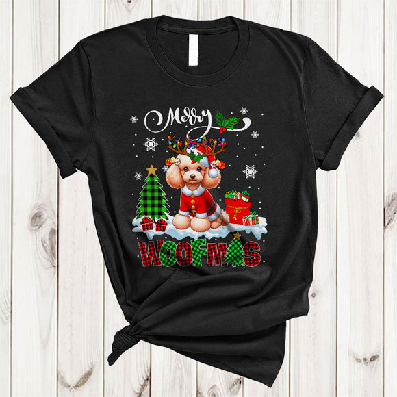 MacnyStore - Merry Woofmas, Cheerful Plaid Christmas Santa Reindeer Poodle Lover, X-mas Lights Tree T-Shirt