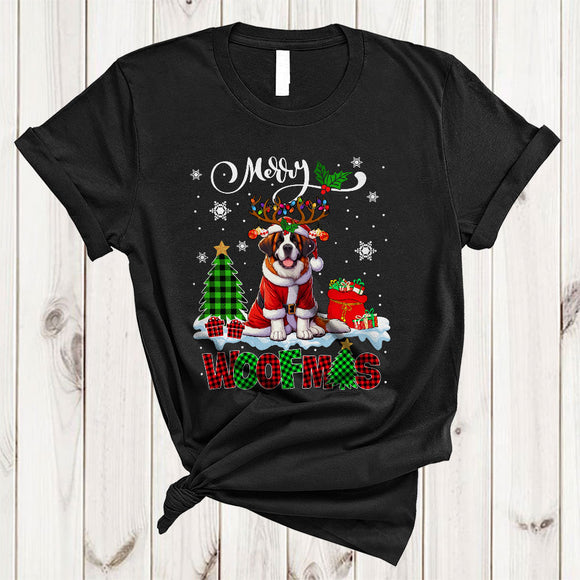 MacnyStore - Merry Woofmas, Cheerful Plaid Christmas Santa Reindeer St. Bernard Lover, X-mas Lights Tree T-Shirt