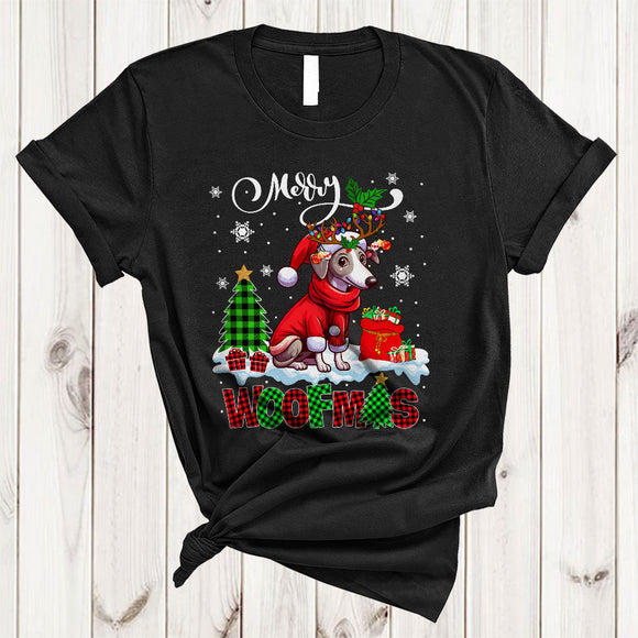 MacnyStore - Merry Woofmas, Cheerful Plaid Christmas Santa Reindeer Whippet Lover, X-mas Lights Tree T-Shirt