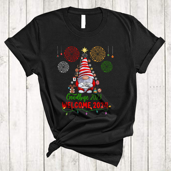 MacnyStore - Merry X-mas Goodbye 2023 Welcome 2024, Joyful Christmas New Year Gnome, Fireworks Family T-Shirt