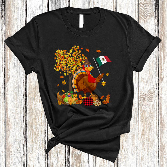 MacnyStore - Mexican Turkey With Fall Tree, Cool Thanksgiving Proud Mexican Flag, Plaid Pumpkin T-Shirt