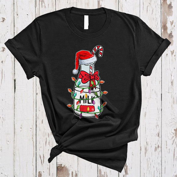 MacnyStore - Milk Wearing Santa Hat, Lovely Cool Christmas Lights Milk Lover, X-mas Family Group T-Shirt