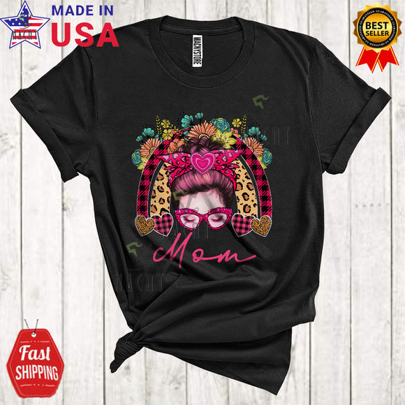 MacnyStore - Mom Cool Cute Mother's Day Messy Bun Hair Woman Face Leopard Plaid Rainbow Family T-Shirt