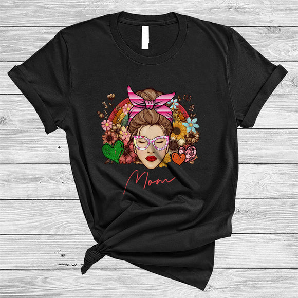 MacnyStore - Mom, Awesome Mother's Day Bun Hair Woman Face, Plaid Flowers Rainbow Family Group T-Shirt