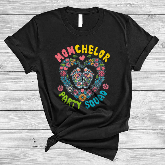 MacnyStore - Momchelor Party Squad, Adorable Mother's Day Future Mother, Flowers Baby Footprint Pregnancy T-Shirt
