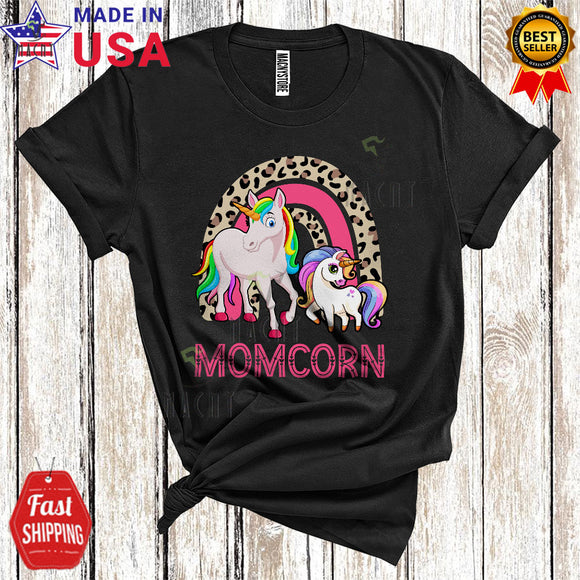MacnyStore - Momcorn Cool Happy Mother's Day Matching Family Mom And Baby Unicorn Leopard Rainbow T-Shirt