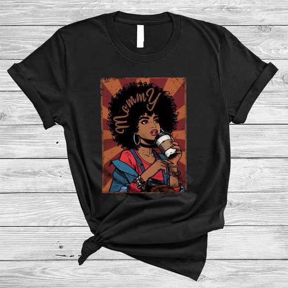 MacnyStore - Mommy Life, Awesome Vintage Mother's Day Black Afro Girl Woman Drinking Coffee, Family T-Shirt