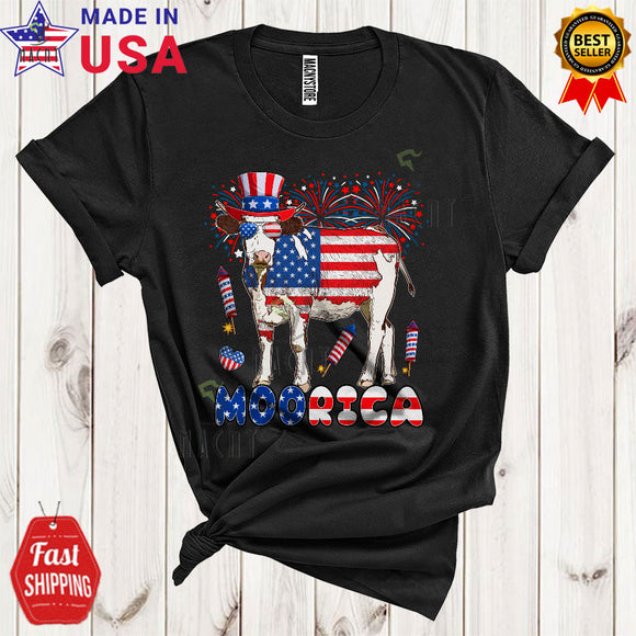 MacnyStore - Moorica Cool Cute 4th Of July Halloween Cows Farmer US Flag Fireworks Proud Patriotic T-Shirt