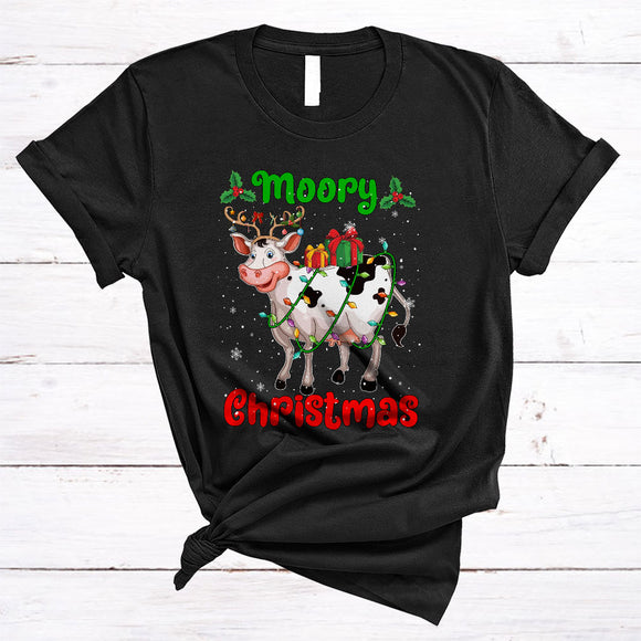 MacnyStore - Moory Christmas, Joyful Merry Christmas Reindeer Cow Lover, Farmer X-mas Lights T-Shirt