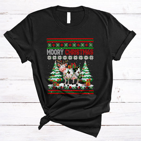 MacnyStore - Moory Christmas, Joyful Merry Christmas Sweater Reindeer Cow, Farmer X-mas Lights T-Shirt