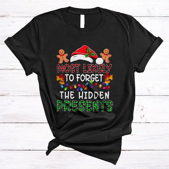 MacnyStore - Most Likely To Forget The Hidden Presents, Funny Plaid Christmas Lights, X-mas Pajama Family T-Shirt