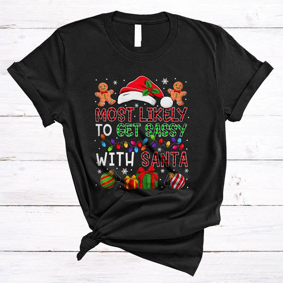 MacnyStore - Most Likely To Get Sassy With Santa, Funny Plaid Christmas Lights, X-mas Pajama Family T-Shirt