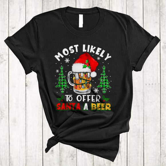 MacnyStore - Most Likely To Offer Santa A Beer, Amazing Christmas Santa Beer, Drinking Plaid X-mas Tree T-Shirt