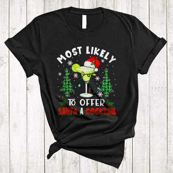 MacnyStore - Most Likely To Offer Santa A Cocktail, Amazing Christmas Santa Cocktail, Drinking Plaid X-mas Tree T-Shirt