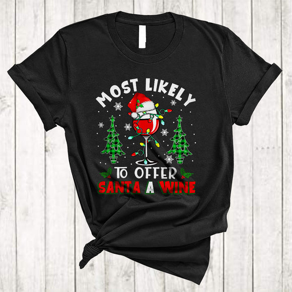MacnyStore - Most Likely To Offer Santa A Wine, Amazing Christmas Santa Wine, Drinking Plaid X-mas Tree T-Shirt