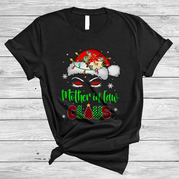 MacnyStore - Mother In Law Claus, Cute Plaid Christmas Floral Santa Hat Face Lover, Matching Family X-mas Group T-Shirt